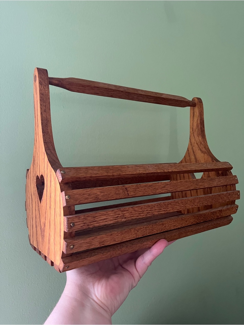 Vintage Handmade Slatted Wooden Heart Cutout Basket